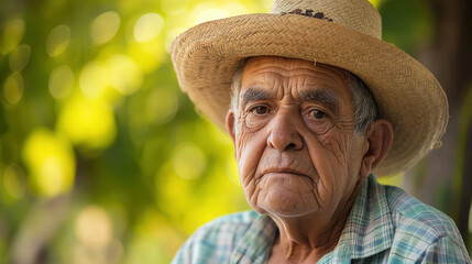 Fototapeta premium Elderly man with deep-set eyes and straw hat.