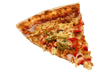 Slice of pizza without background. Jalapeno pizza with pepper and ham.