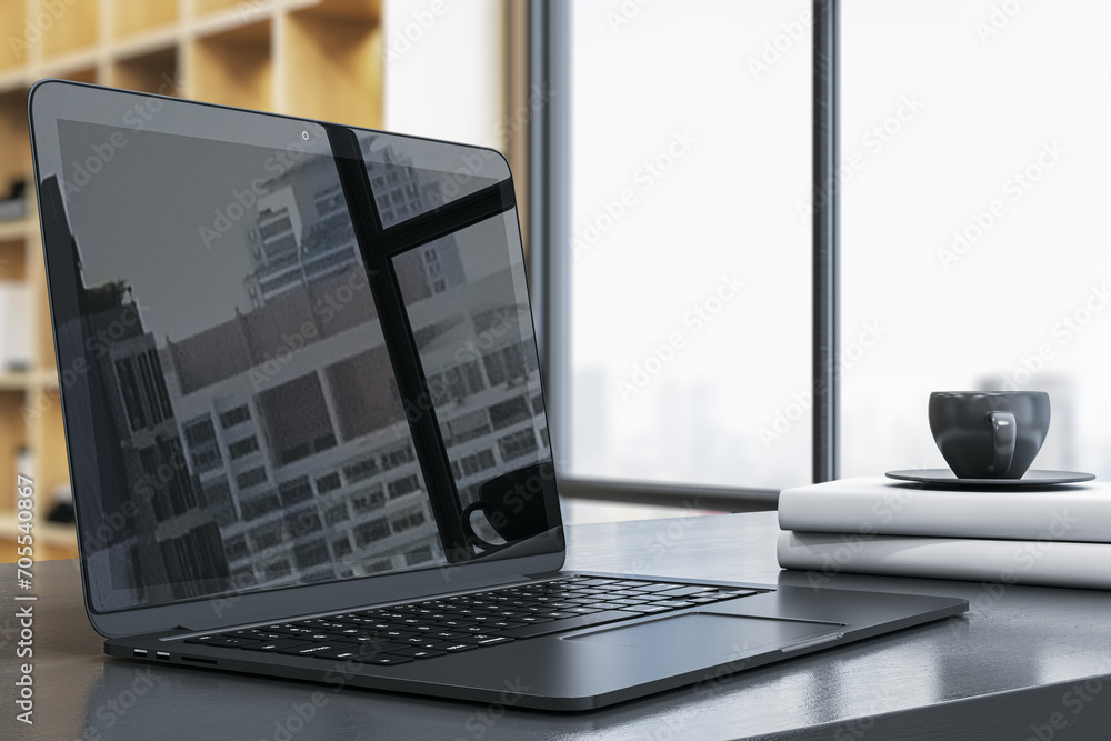 Poster side view of contemporary designer office desktop with empty laptop and reflections on screen, coffe