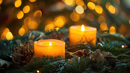 Lit candles with Christmas lights.