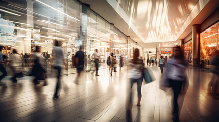 Fototapeta premium Motion blur of people bustling in a shopping mall. Ai generate.