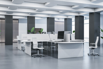 New concrete and white coworking office interior with furniture. 3D Rendering.