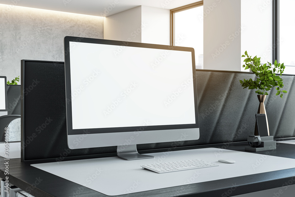 Poster Modern desktop computer in an office with greenery and ambient lighting, workspace design. 3D Rendering