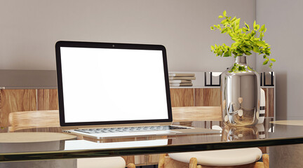 Sleek laptop with decorative vases and fresh greenery on wooden desk, modern office aesthetic. 3D Rendering