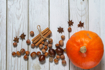 Autumn flatlay with pumpkin, chestnuts, star anise, cinnamon and cobnuts on a white wooden background with copyspace