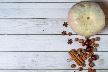 Autumn flatlay with pumpkin, chestnuts, star anise, cinnamon and cobnuts on a white wooden background with copyspace