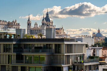 Panoramic view of Madrid with the Cathedral of Santa María la Real de la Almudena in the background