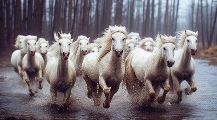 white horses running together through water, their manes flowing, against a backdrop of a barren, tree-lined landscape