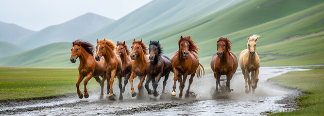 eight horses running together through a wet path with green rolling hills in the background, splashing water as they go
