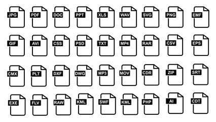 Format file  of document icons collection. Vector illlustration. JPG, PDF, DOC, PPT, XLS, MP4, RAR, PSD, EPS, AI, ZIP, MP3, MPV, GSF and more. in black and white color