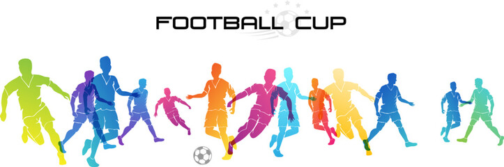 Football game. Soccer players in action, kicking ball for winning goal. Abstract vector illustration. Horizontal border from rainbow sportsman silhouettes.