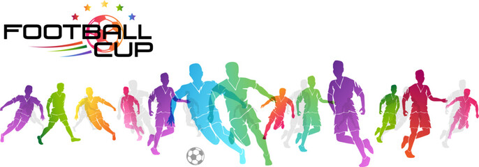 Football game. Soccer players in action, kicking ball for winning goal. Abstract vector illustration. Horizontal border from rainbow sportsman silhouettes.