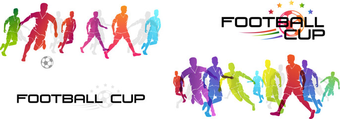 Football game. Soccer players in action, kicking ball for winning goal. Abstract vector illustration from rainbow sportsman silhouettes.