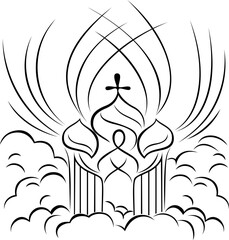 Heaven church with sun rays and clouds. Line art vector illustration