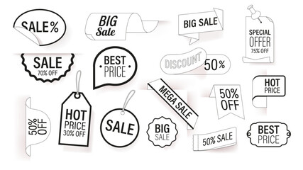 Sale Labels In Black And White Hues, Featuring Irresistible Discounts, Convey Urgency, Enticing Shoppers Vector Icon Set