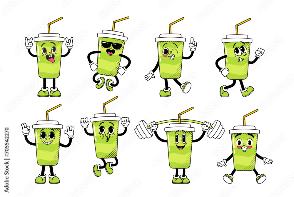 Poster quirky and nostalgic retro cartoon cola cup characters set feature animated mugs with charming expre