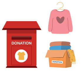 Vector flat illustration of a charity organization distributing clothes, clothes in a box