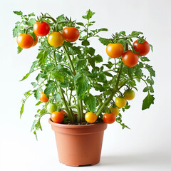 The potted colorful tomatoes bear fruit