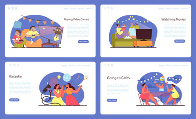 Friends activity set. Illustrations of friends' hobbies: exciting video games, cozy movie nights, rousing karaoke and relaxing trips to cafes. Flat vector illustration.