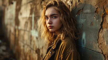 portrait of a girl, in Brown Jacket Standing Beside Multicolored Graffiti Wall During Golden Hour in Urban Setting