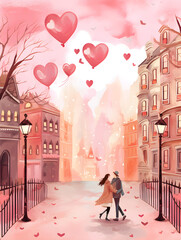valentine day theme printable card, An urban romantic scene , painted in watercolors illustration