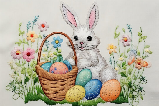 Funny cheerful rabbit gives basket with Easter eggs