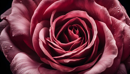 Closeup of dark red flower rose macro isolated on black background