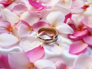 Wedding ring on a bed of flower petals