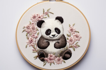 Embroidery of little panda among pink flowers in round frame