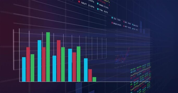 Animation of colourful bar graph over financial data processing on black background