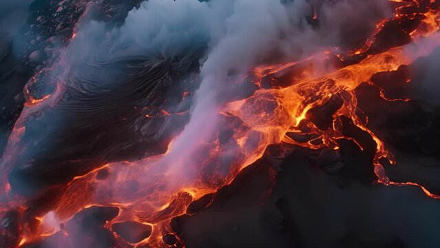 From the vantage point of a drone, the destructive force of a volcanic eruption is laid as molten lava consumes everything in its path.