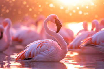 Flamingos at Lake in Radiant Sunset Glow