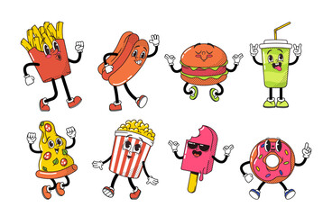 Obraz premium Cartoon Retro Fast Food Characters Set. French Fries, Hotdog, Cola Drink And Ice Cream. Pizza Slice, Pop Corn