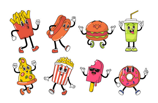 Cartoon Retro Fast Food Characters Set. French Fries, Hotdog, Cola Drink And Ice Cream. Pizza Slice, Pop Corn