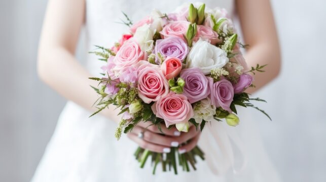 Spring wedding bouquet with pink roses flowers In the hands of the bride