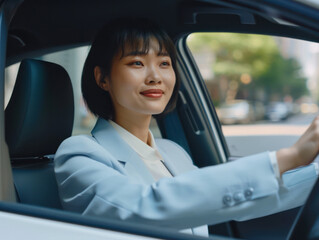 a happy stylish asian woman in light blue suit is driving white car. Portrait of happy female driver steering car with safety belt.