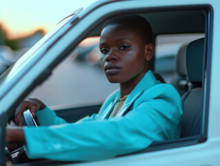 a happy stylish african woman in light blue suit is driving white car. Portrait of happy female driver steering car with safety belt.