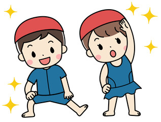 水着で準備体操・ストレッチをする子供達のイラスト