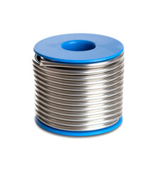 Spool of soft solder wire, with a diameter of 3 millimeters. Fittingslot, fusible metal alloy of tin and copper, used to create a permanent bond between metal workpieces. Close-up, front view. Photo.