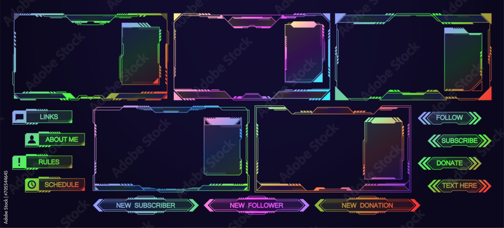 Poster stream overlay, mmo game menu, neon space ui frames vector set. streaming screens, gamer username pa
