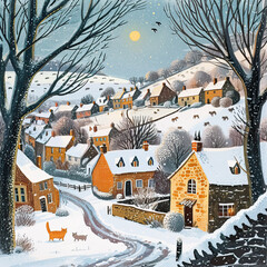 Cute illustration of a small town in winter
