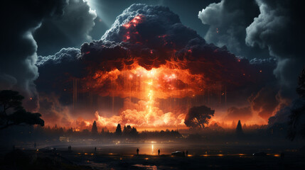 Fototapeta na wymiar Human extinction event. the iconic shape of a colored nuclear smoke explosion visible from a distance