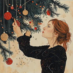 Cute Christmas illustration. The girl decorates the Christmas tree. 
