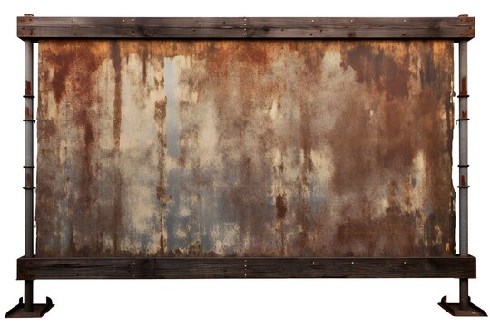 Old rusted metal blank billboard advertisement on white background Generative AI