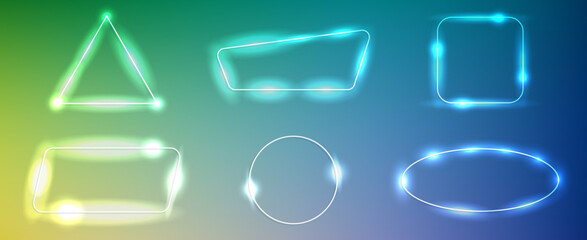 Set of six neon frames with shining effects