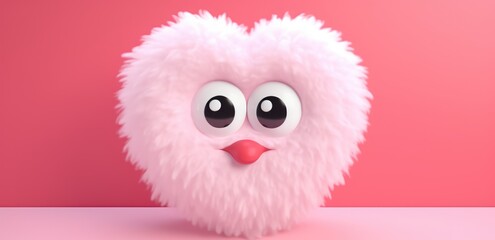 cute fuzzy furry heart on a monochrome background with emotion. Cartoon Heart with big realistic eyes. Pink shades