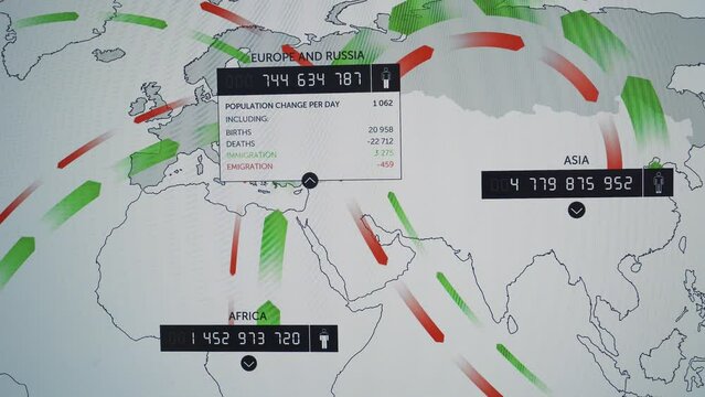 Infographic of human population changes across continents. Suitable for education and humane keeping.