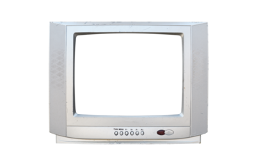 Old silver TV isolated on white background. Retro technology concept. Blank screen for text.Vintage TVs 1980s 1990s 2000s. 