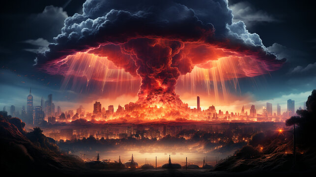 Human extinction event. the iconic shape of a colored nuclear smoke explosion visible from a distance