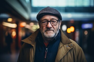 Portrait of a senior man wearing a hat and coat in a city.